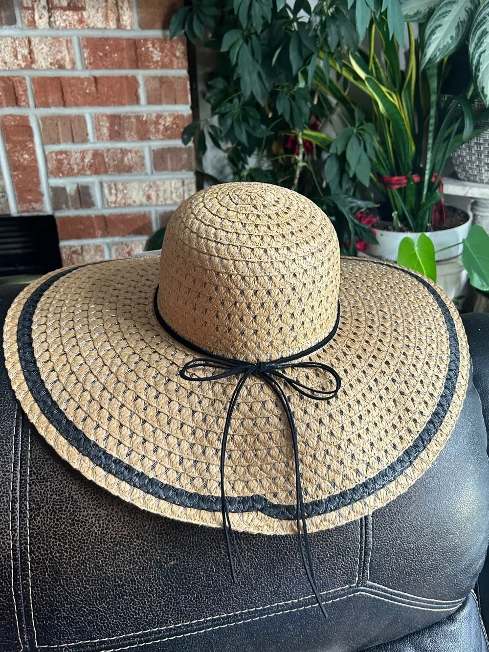 Natural Straw Wide Sun Hat with Black Trim and Black Bow